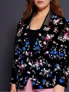 Lane Bryant Velvet floral Bryant Blazer black faux leather collar sz 16